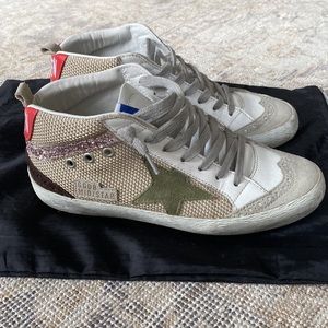 Golden Goose Mid Star sneakers in cream-colored mesh with suede/glitter details
